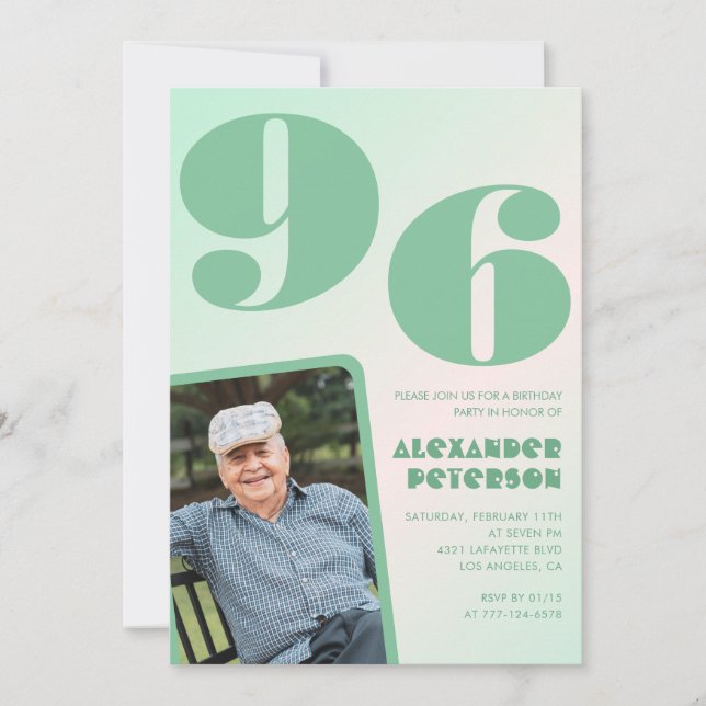 Invitación Foto retro Gradiente Verde Hombre 96 cumpleaños (Anverso)