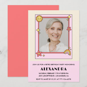 Invitación Foto retro groovy de los 70 rosa cumpleaños 79
