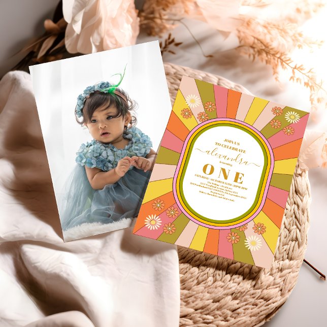 Invitación Foto Retro Groovy Primer cumpleaños de los años 70 (Subido por el creador)