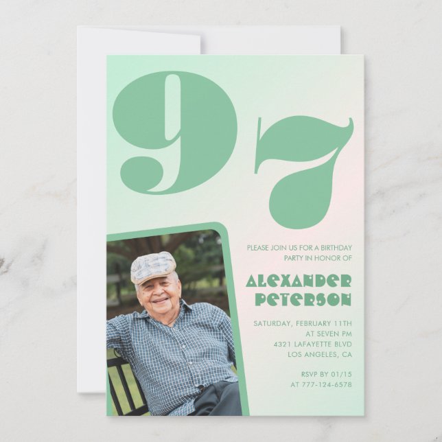 Invitación Foto Retro Hombre Gradiente Verde cumpleaños 97  (Anverso)
