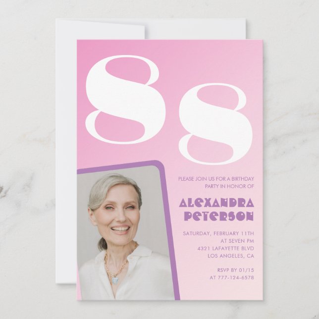 Invitación Foto retro Pink 88º cumpleaños (Anverso)