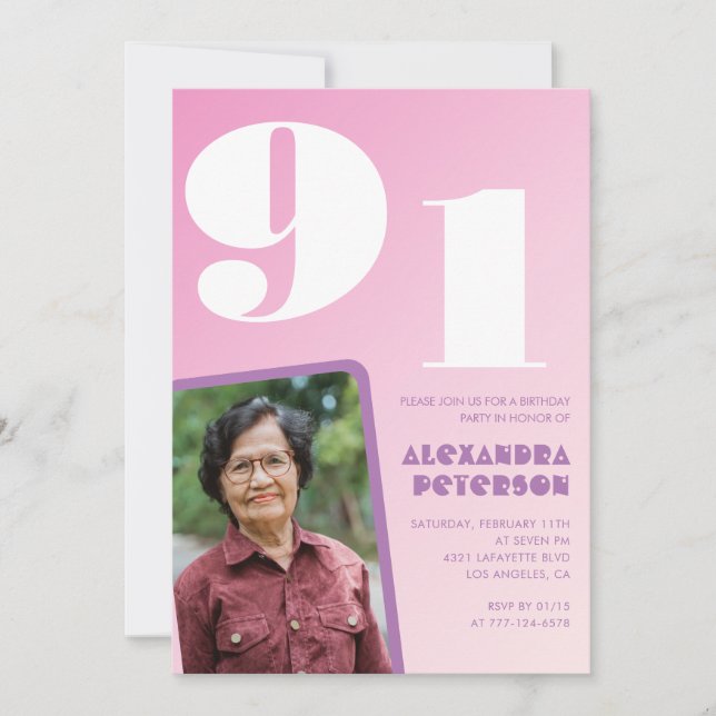 Invitación Foto Retro Rosa cumpleaños 91 (Anverso)
