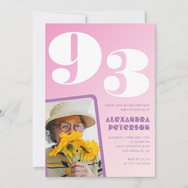 Invitación Foto Retro Rosa cumpleaños 93 (Anverso)
