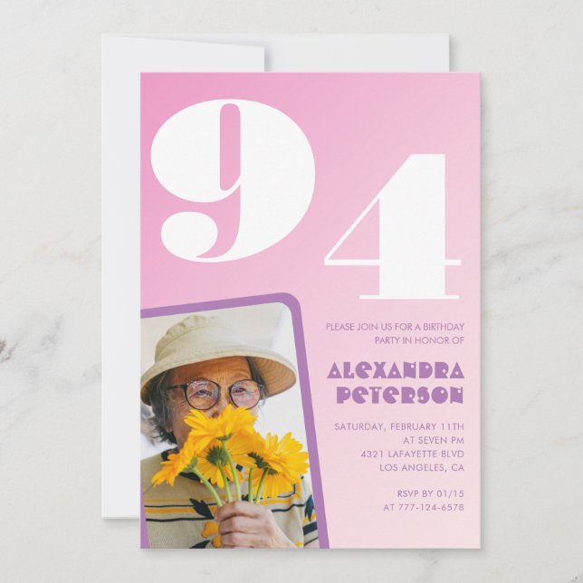Invitación Foto Retro Rosa cumpleaños 94 (Anverso)