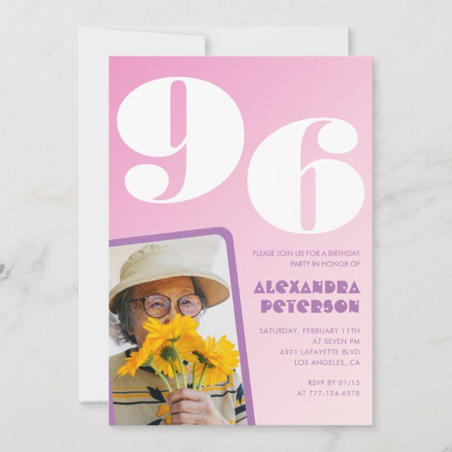 Invitación Foto Retro Rosa cumpleaños 96 (Anverso)