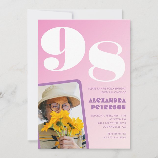 Invitación Foto Retro Rosa cumpleaños 98 (Anverso)
