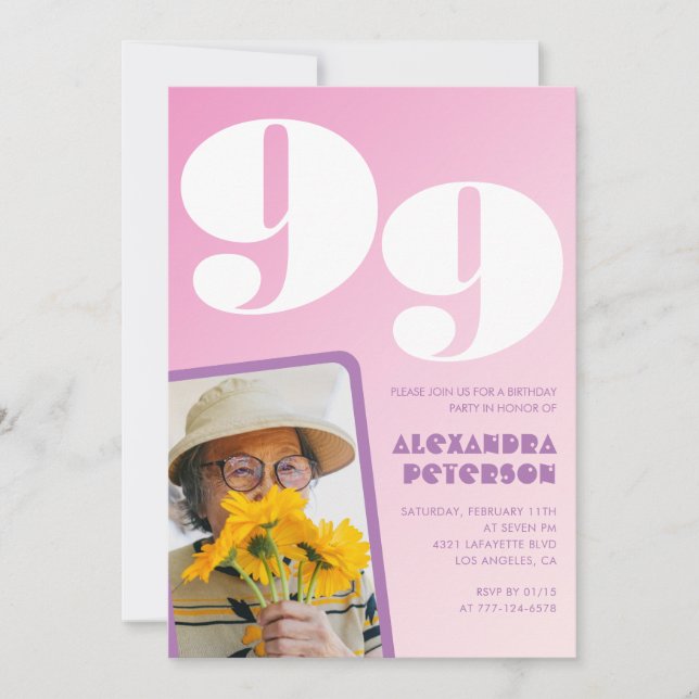 Invitación Foto Retro Rosa cumpleaños 99 (Anverso)