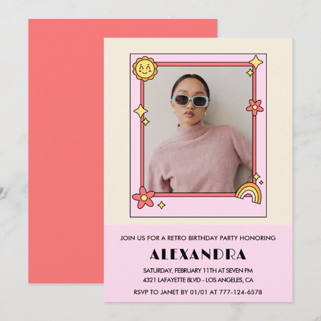 Invitación Foto retro rosa de los 70 groovy cumpleaños 34 (Anverso / Reverso)