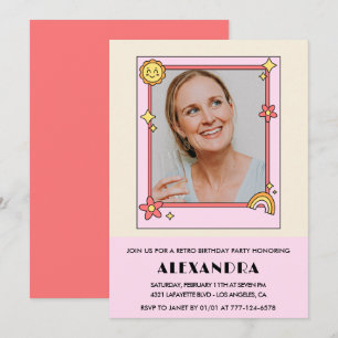 Invitación Foto retro rosa groovy de los 70s cumpleaños 68