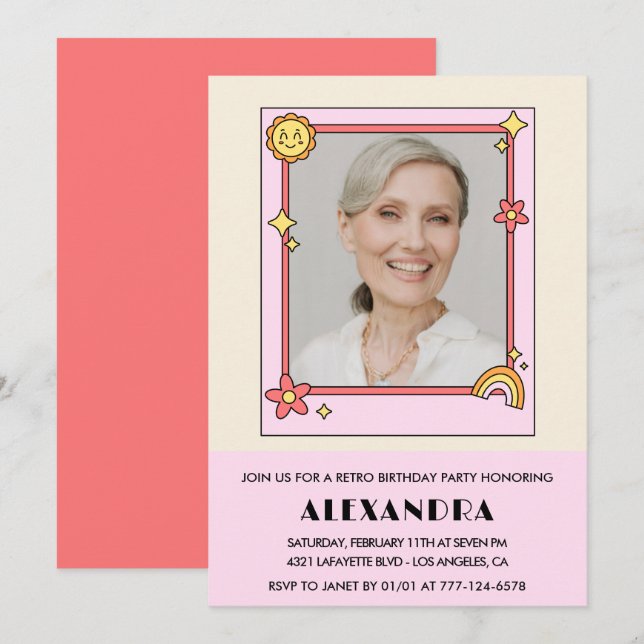 Invitación Foto retro rosa ochentera groovy cumpleaños 74 (Anverso / Reverso)