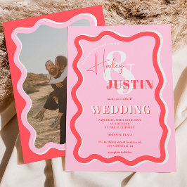 Invitación Foto retro rosada de curva roja squiggle boda ondu