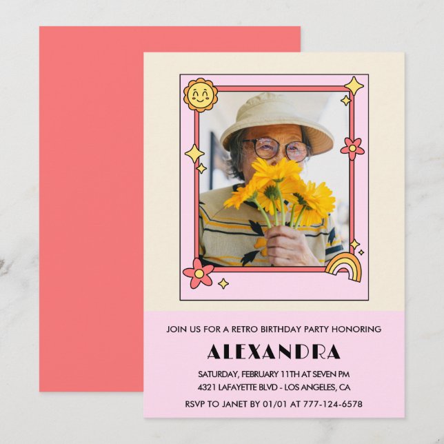 Invitación Foto retro setentera groovy cumpleaños 99 (Anverso / Reverso)