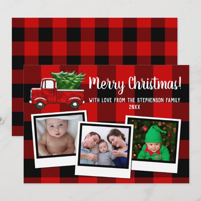 Invitación Foto roja de la familia 3 de las Felices Navidad (Anverso / Reverso)
