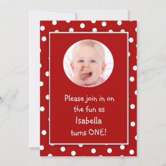 Invitación Foto roja de los lunares del primer cumpleaños de