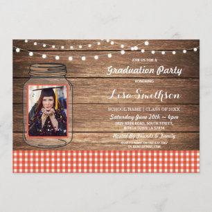 Invitación Foto roja de madera de la guinga del tarro rústico