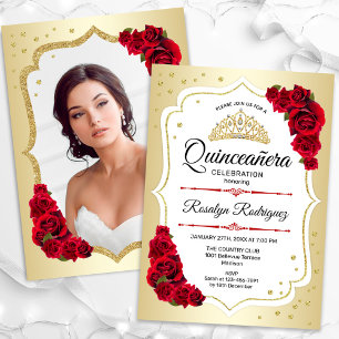 Invitación Foto roja dorada Quinceanera