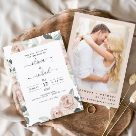 Invitación Foto romántica Boda floral rosada con polvo