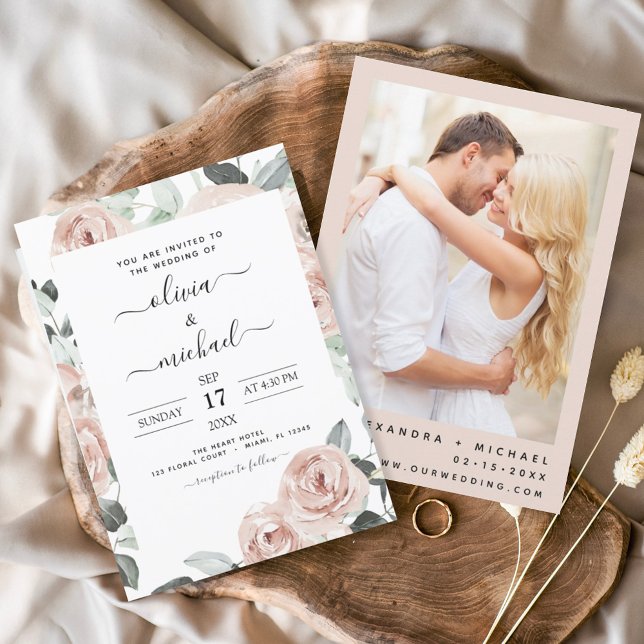 Invitación Foto romántica Boda floral rosada con polvo (Subido por el creador)
