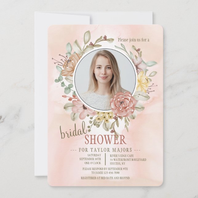Invitación Foto romántica floral ducha de novia (Anverso)