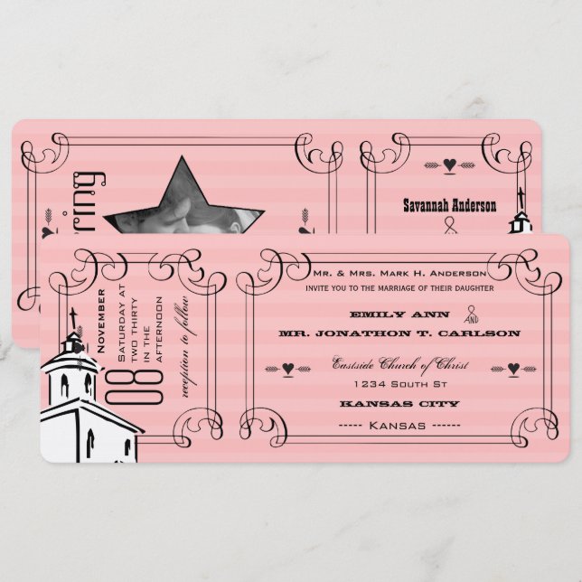 Invitación Foto Romántica rosa Boda de tickets de la capilla (Anverso / Reverso)