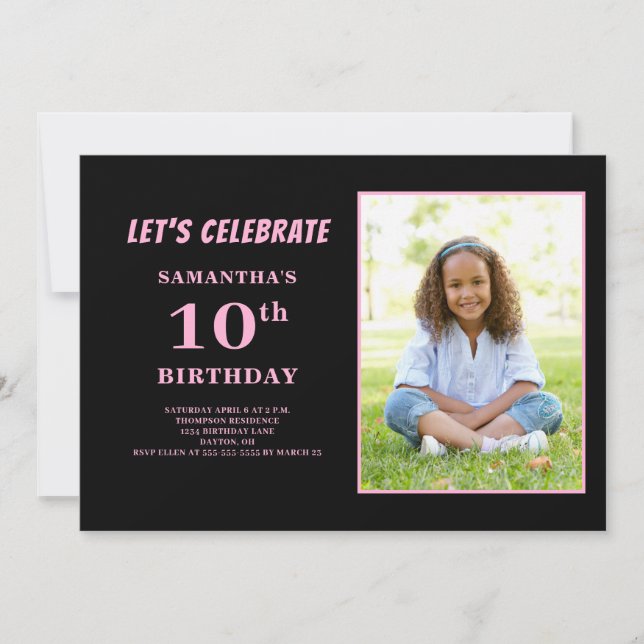 Invitación Foto rosa 10° cumpleaños (Anverso)