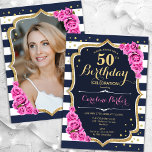 Invitación Foto rosa azul de la Marina 50 cumpleaños<br><div class="desc">Elegante invitación de 50 años floral femenina con tu foto al fondo de la tarjeta. El diseño rosa blanco de la marina Glam con el oro falso purpurina. Presenta rayas azul marino y blanco, rosas bebe rosadas, fuente de guión y confeti. Perfecto para un elegante fiesta de celebración de cumpleaños....</div>