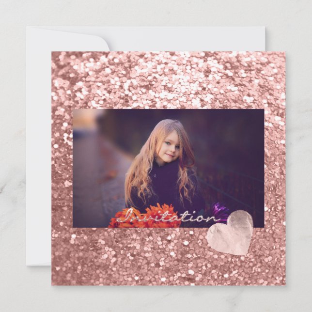 Invitación Foto Rosa Brillo Boda Corazón Cumpleaños 16 (Reverso)