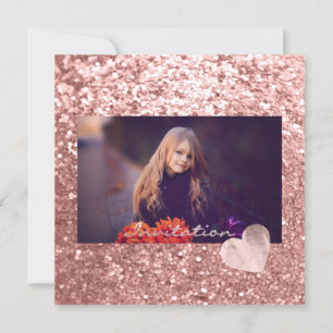 Invitación Foto Rosa Brillo Boda Corazón Cumpleaños 16