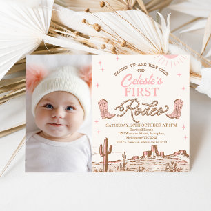Invitación Foto Rosa Brown Cowgirl Primer Rodeo Primer Cumple