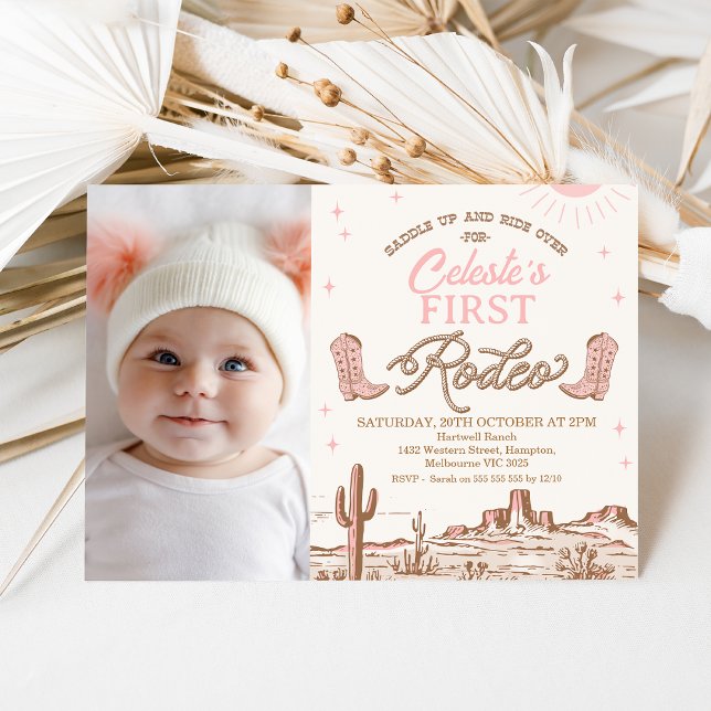 Invitación Foto Rosa Brown Cowgirl Primer Rodeo Primer Cumple (Girls First Rodeo Birthday Invitation Template, Photo Pink Brown Rodeo Birthday Invitation, Any Age)