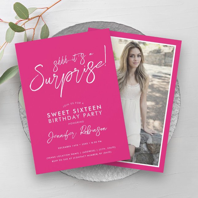 Invitación Foto Rosa Caliente Girly Sorpresa Dulce 16 Fiesta (Hot Pink Girly Photo Surprise Sweet 16 Party Invitation)