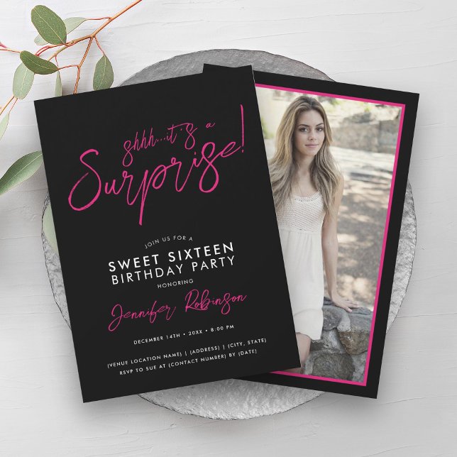 Invitación Foto Rosa Caliente Girona Negra Sorpresa Dulce 16 (Hot Pink Black Girly Photo Surprise Sweet 16 Invitation)