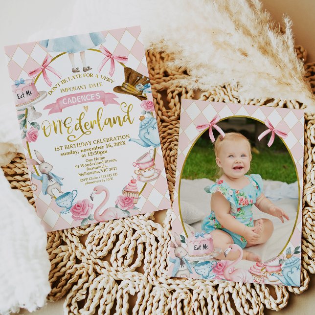 Invitación Foto rosa de Bows Alice Onederland Primer cumpleañ (Pink Bows Alice Onederland 1st Birthday Invitation Girl Pink, Onederland Birthday Invitation Pink)