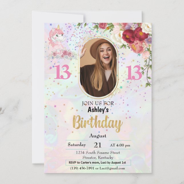 Invitación Foto rosa de BUDGET 13 cumpleaños (Anverso)