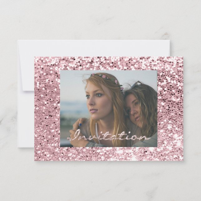 Invitación Foto Rosa de ducha de novia Purpurina Graduación r (Reverso)