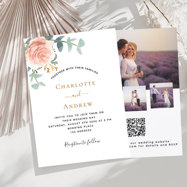 Invitación Foto rosa de oro floral foto boda QR RSVP (Subido por el creador)