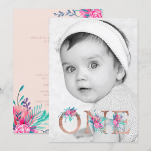 Invitación Foto Rosa de oro floral letra de primer cumpleaños
