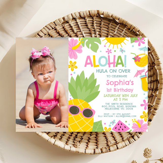 Invitación Foto Rosa de Verano Piña Aloha 1er cumpleaños (Aloha Birthday Invitation Template For Girl, Pineapple Birthday Invitation, Hawaiian Theme Party)
