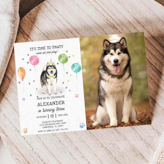 Invitación Foto rosa del cumpleaños de Malamute Pawty Puppy (Subido por el creador)