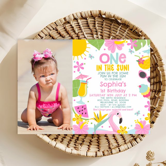 Invitación Foto Rosa En La Piscina Solar Primer Cumpleaños (One In The Sun Birthday Invitation Template With Photo, Sun Themed 1st Birthday Invitation Summer )