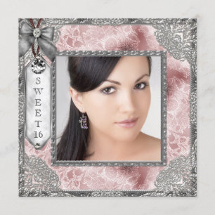 Invitación Foto rosa gris dulce fiesta de cumpleaños 16