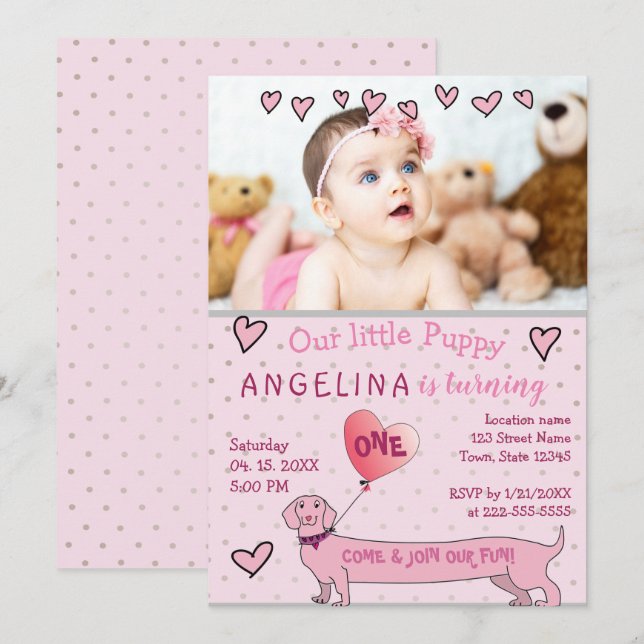 Invitación Foto rosa lindo primer cumpleaños (Anverso / Reverso)