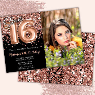 Invitación Foto: Rosa negro Gold Sweet 16th Birthday Party