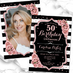 Invitación Foto Rosa Negro Oro 50 cumpleaños<br><div class="desc">Elegante invitación floral de 50 años con tu foto al fondo de la tarjeta. Diseño de color negro y rosa brillante con oro rosa purpurina falso. Presenta rayas blancas y negras, rosas rosas rosas rosas negras, tipo de letra de guión y confeti. Perfecto para un elegante fiesta de celebración de...</div>