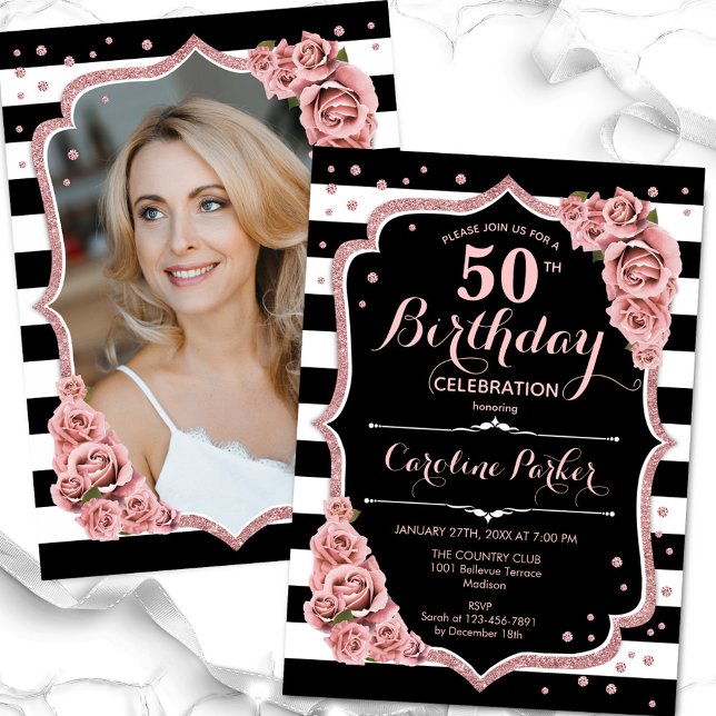 Invitación Foto Rosa Negro Oro 50 cumpleaños (Subido por el creador)