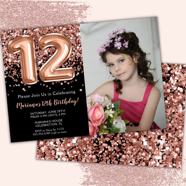 Invitación Foto Rosa negro Purpurina de oro 12º cumpleaños (Subido por el creador)