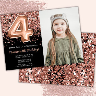 Invitación Foto Rosa negro Purpurina de oro por cuarto cumple