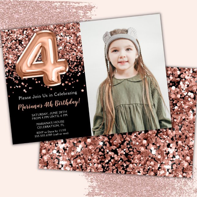 Invitación Foto Rosa negro Purpurina de oro por cuarto cumple (Subido por el creador)