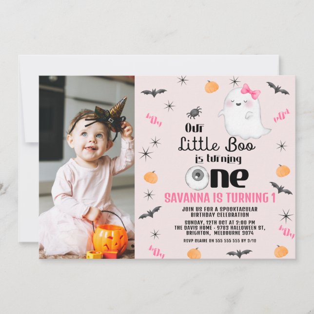 Invitación Foto rosa Nuestro pequeño Boo Halloween 1er cumple (Anverso)