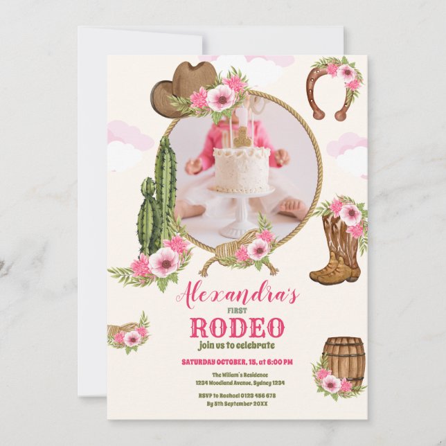 Invitación Foto Rosa Occidental Primer Cumpleaños Niña Rodeo (Anverso)